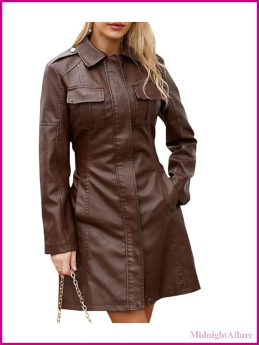 Faux Leather Trench Coat Mid Length Zip Up Belted Jacket Women